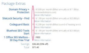 Bluehost package extras